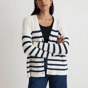 Women's Madewell V-Neck Button-Front Long Cardigan Sweater Indigo Stripe Large